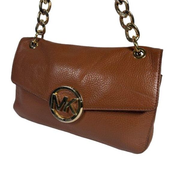 Michael Kors Fulton Acorn Brown Pebbled Leather w/ Gold Flap Shoulder Bag Purse - Picture 1 of 16